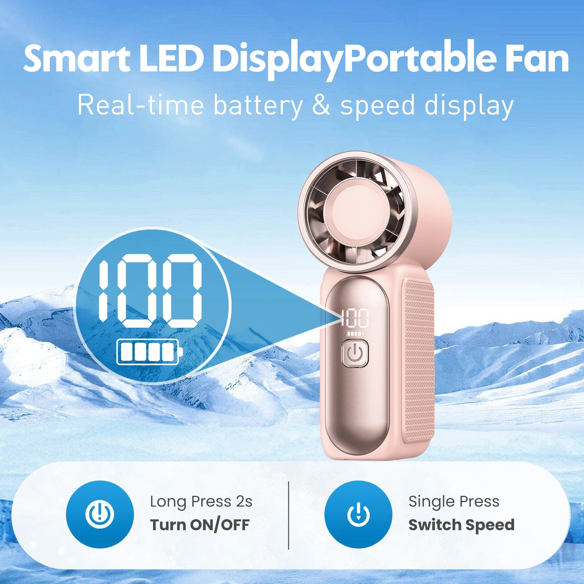 USB Rechargeable Mini Handheld Fan 3000mAh High Speed Turbo 100 Adjustable Speeds LED Display Desk Fan for Travel Home Office